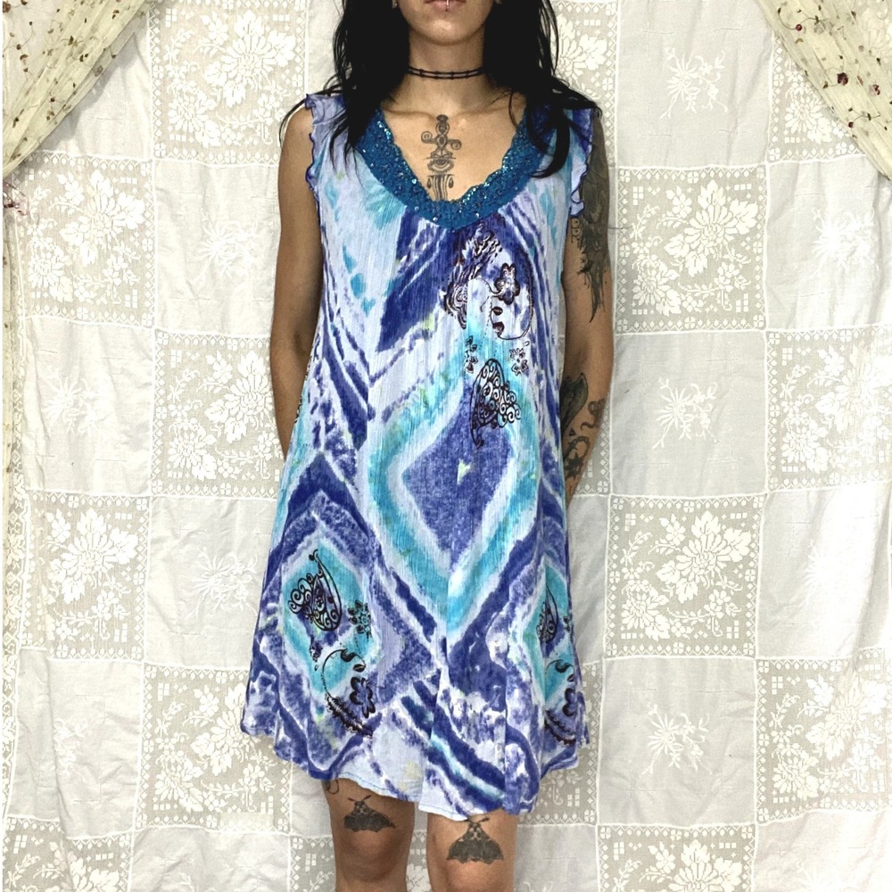 Vtg Y2k Bila Tie Dye Beaded Neckline Mermaid Fairycore Flowy Beach Shift Dress